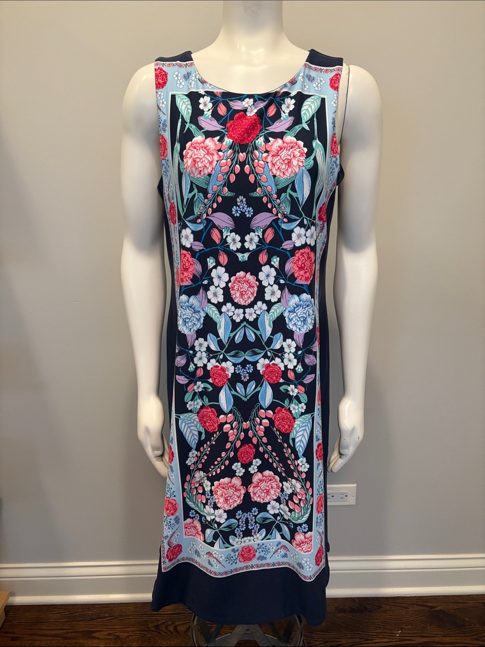 Charter Club Navy Blue Sleeveless Sheath Dress With Floral Panel Size L